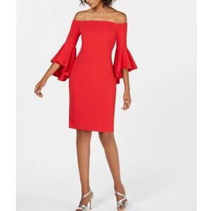 Calvin Klein red off-shoulder dress flounced sleeve NWT Size 10